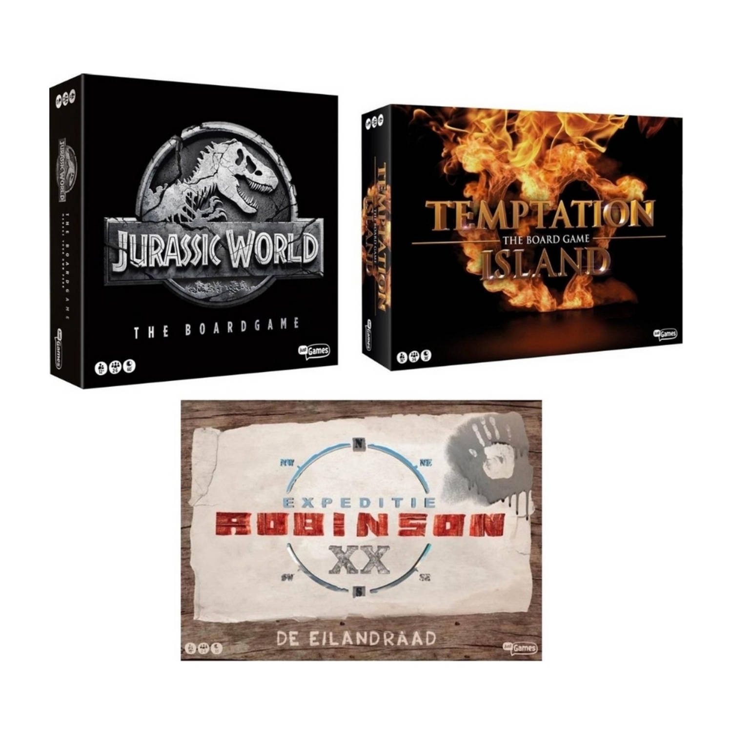 Spellenbundel - 3 Stuks - Jurassic World The Boardgame & Temptation Island & Expeditie Robinson De Eilandraad