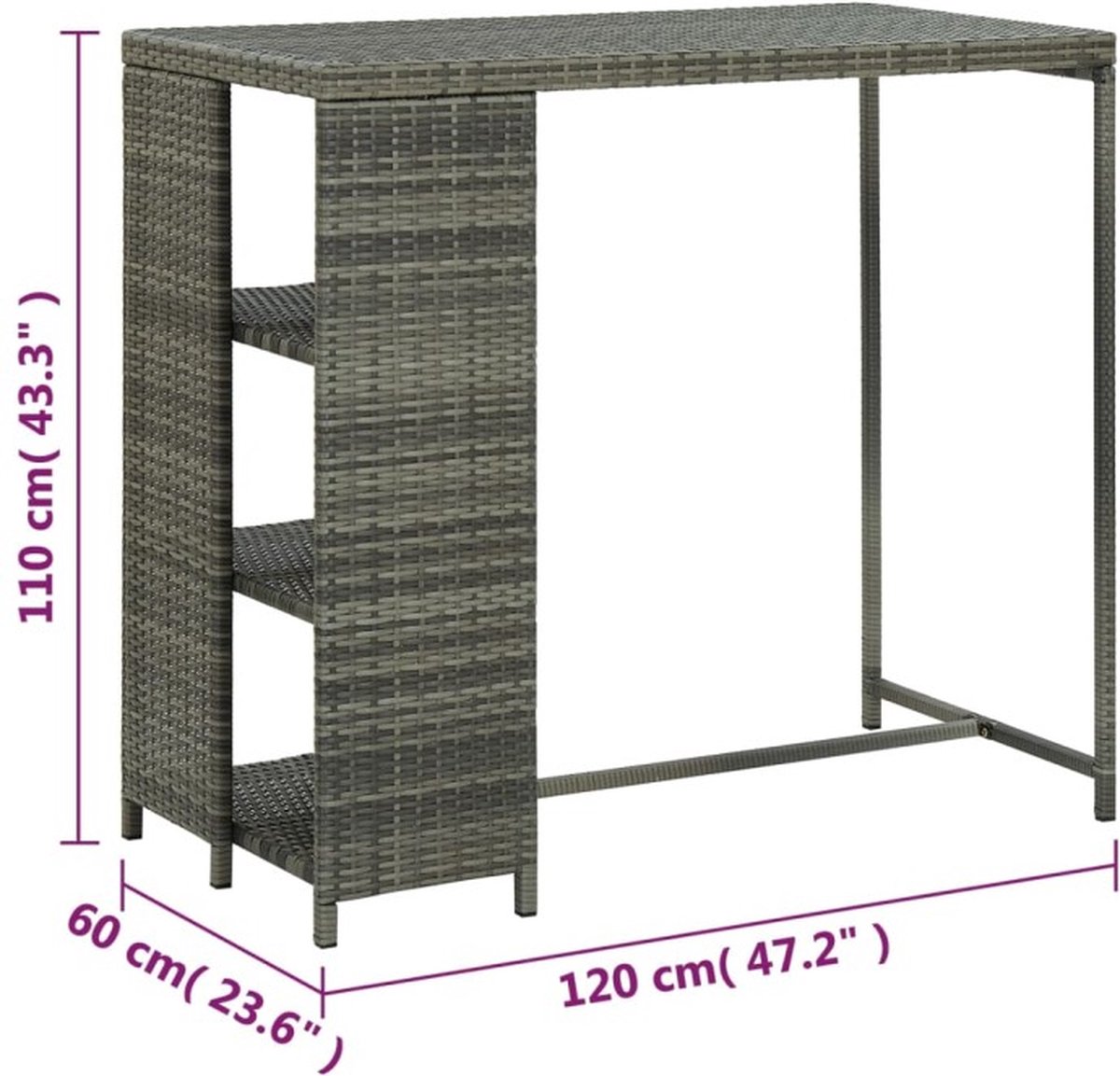 Vidaxl Bartafel Met Opbergrek 120x60x110 Cm Poly Rattan - Grijs