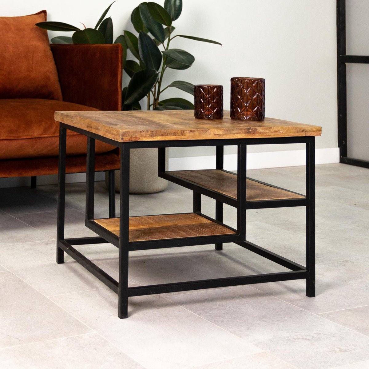 Dimehouse Industriële Salontafel - Livia - 60x60 Cm - Mangohout - Vierkant - Bruin