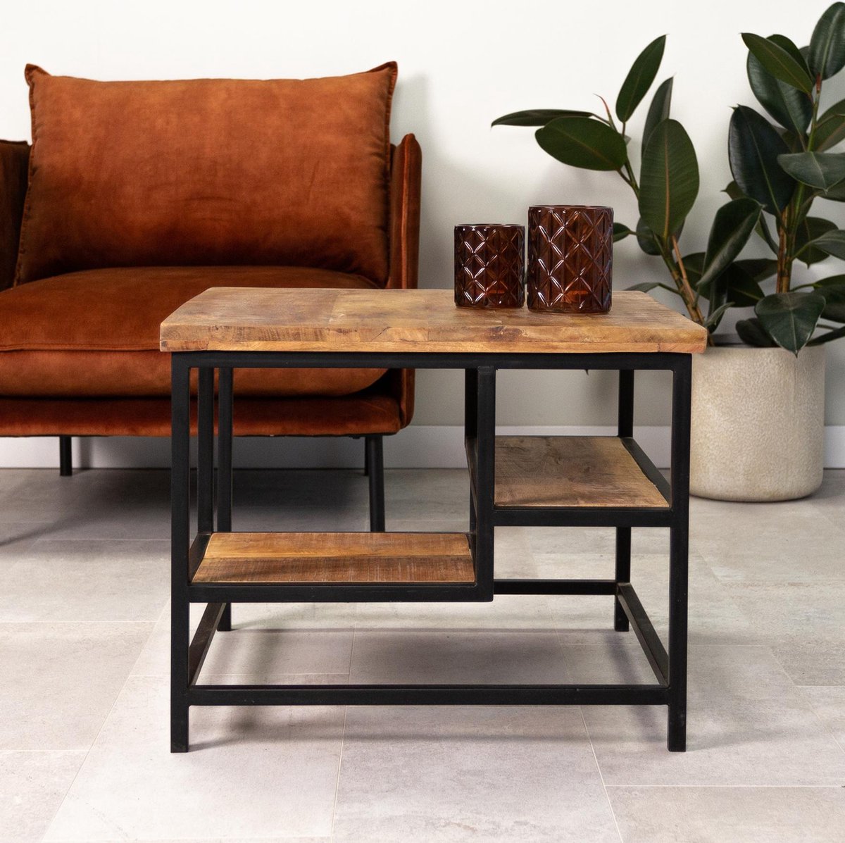 Dimehouse Industriële Salontafel - Livia - 60x60 Cm - Mangohout - Vierkant - Bruin