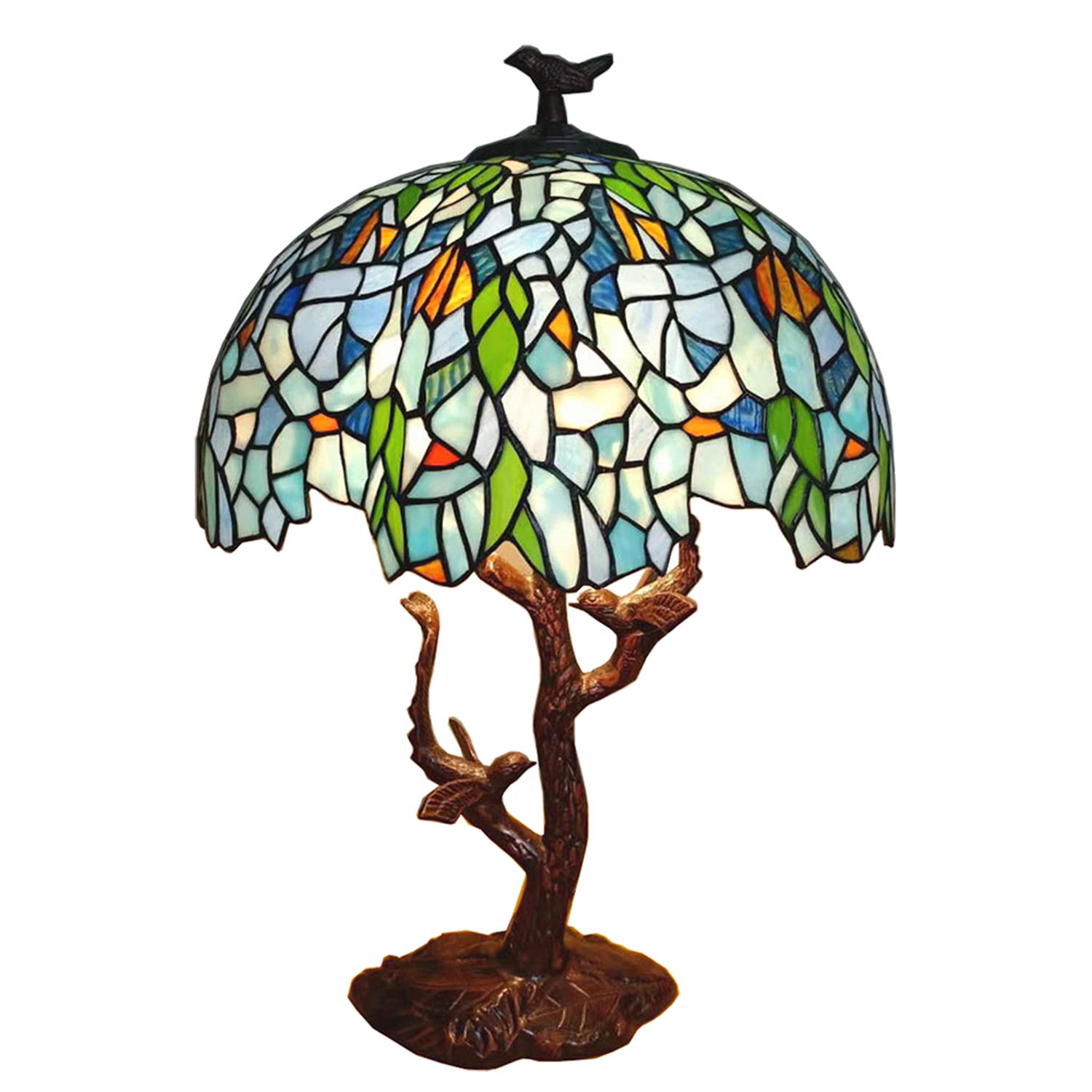 Clayre & Eef Lumilamp Tiffany Tafellamp Ø 42*49 Cm Kunststof Glas Bloemen Tiffany Bureaulamp Tiffany Lampen Glas In Lood - Blauw