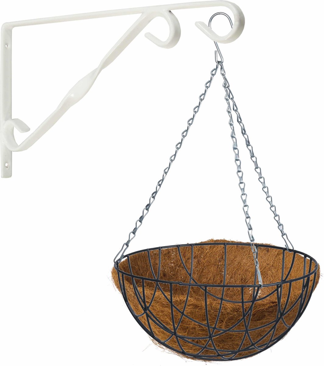 Hanging Basket 40 Cm Met Klassieke Muurhaak Wit En Kokos Inlegvel - Metaal - Complete Hangmand Set - Plantenbakken - Groen