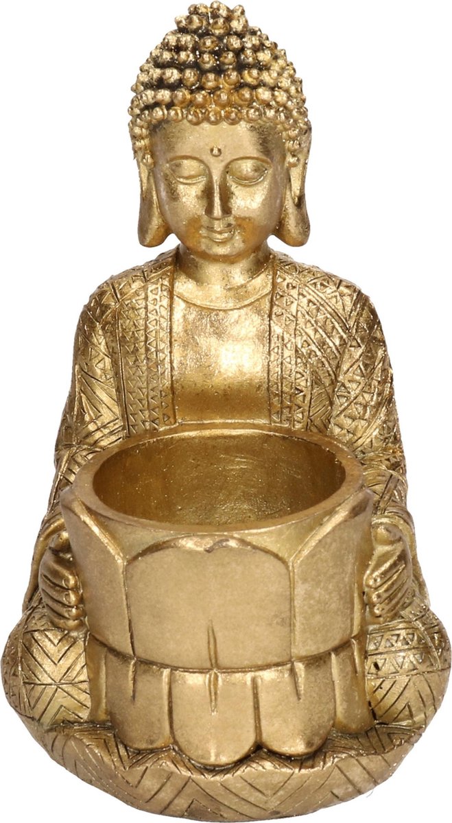 Decoratie Boeddha Beeldje Met Theelichthouder Goud Zittend 14 Cm - Waxinelichtjeshouders