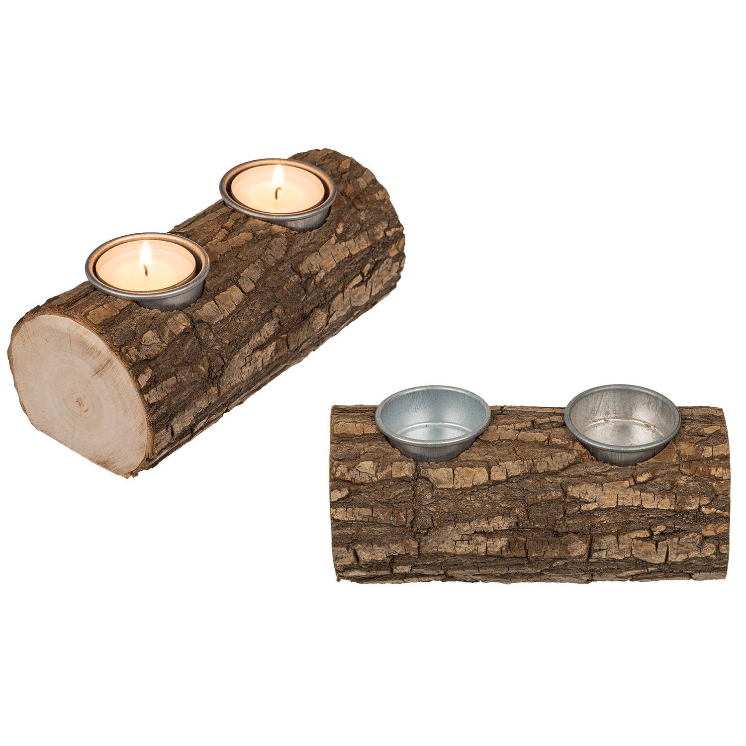 Set Van 2x Theelichthouders/waxinelichthouders Boomstam Van Hout Dubbel 17 X 7 Cm - Waxinelichtjeshouders - Bruin