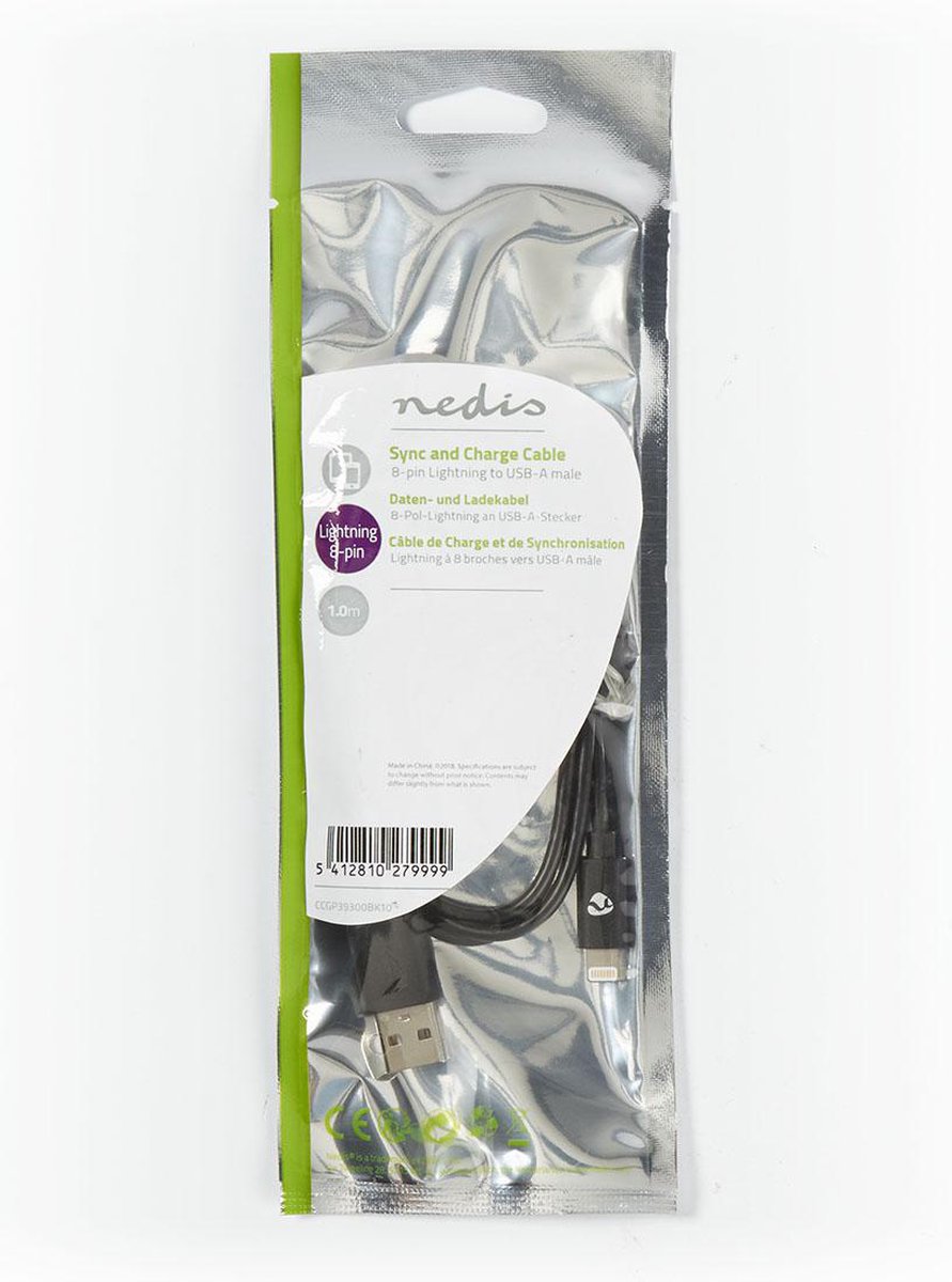 Nedis Lightning Kabel - Ccgp39300bk10 - Zwart