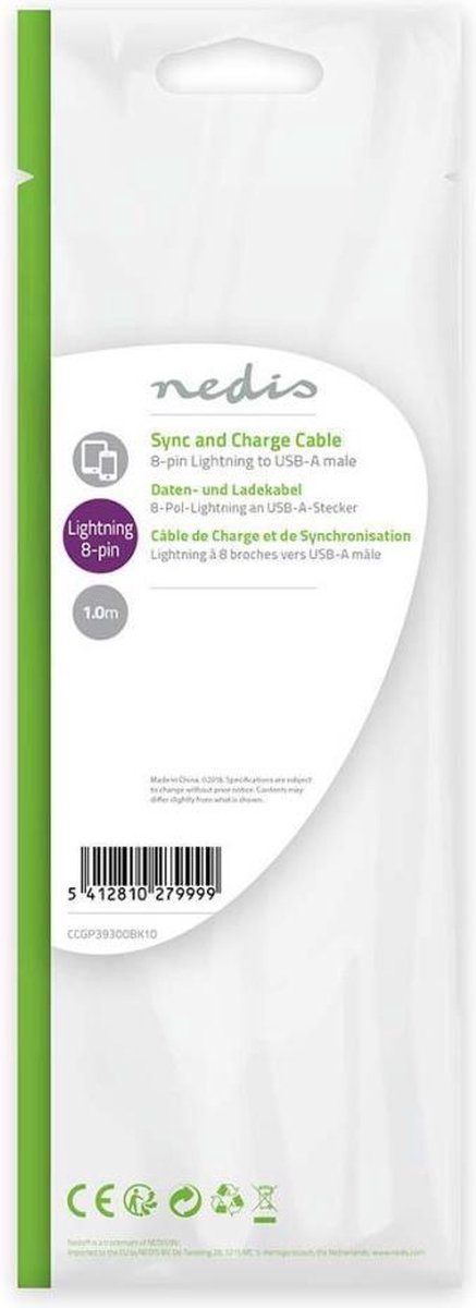 Nedis Lightning Kabel - Ccgp39300bk10 - Zwart