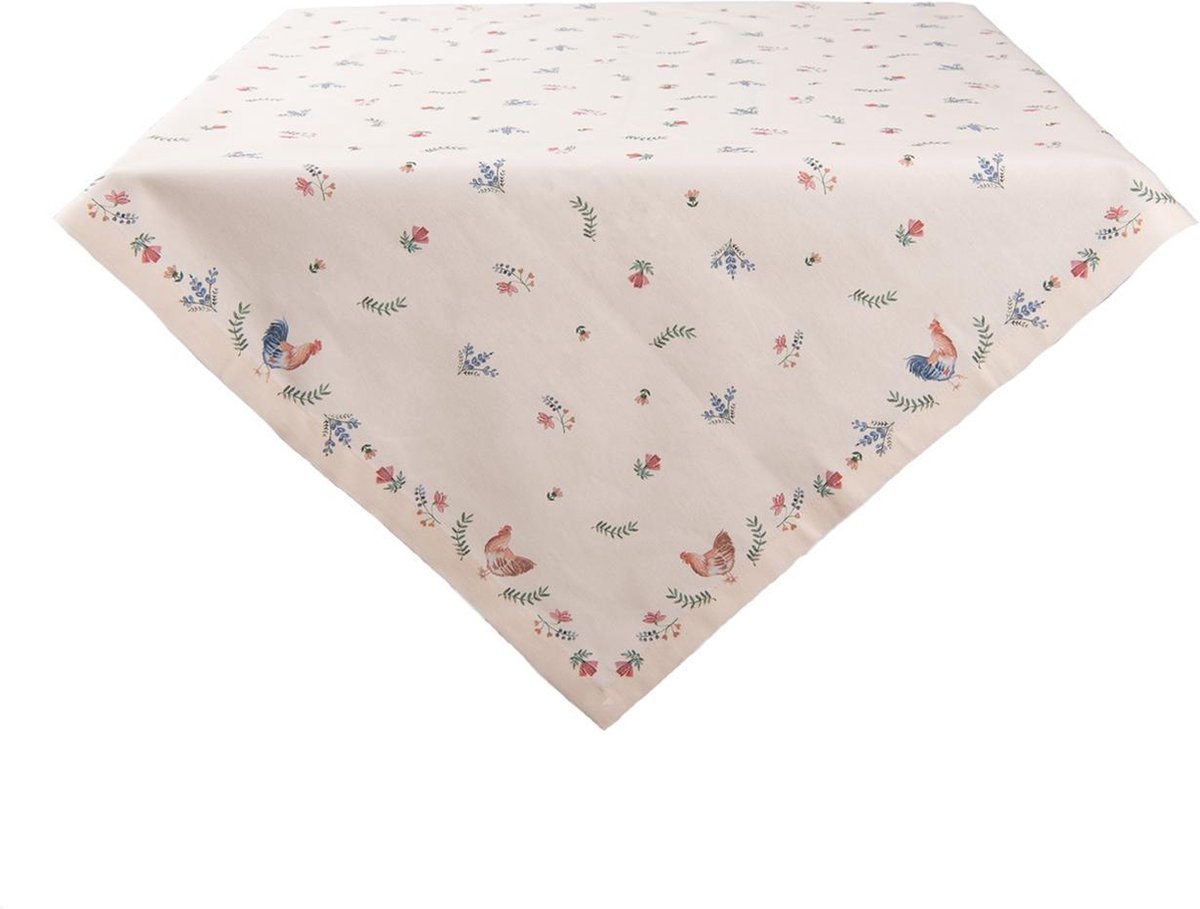 Clayre & Eef Tafelkleed 150*250 Cm Blauw Katoen Rechthoek Kip En Haan Tafellaken Tafellinnen Tafeltextiel - Beige