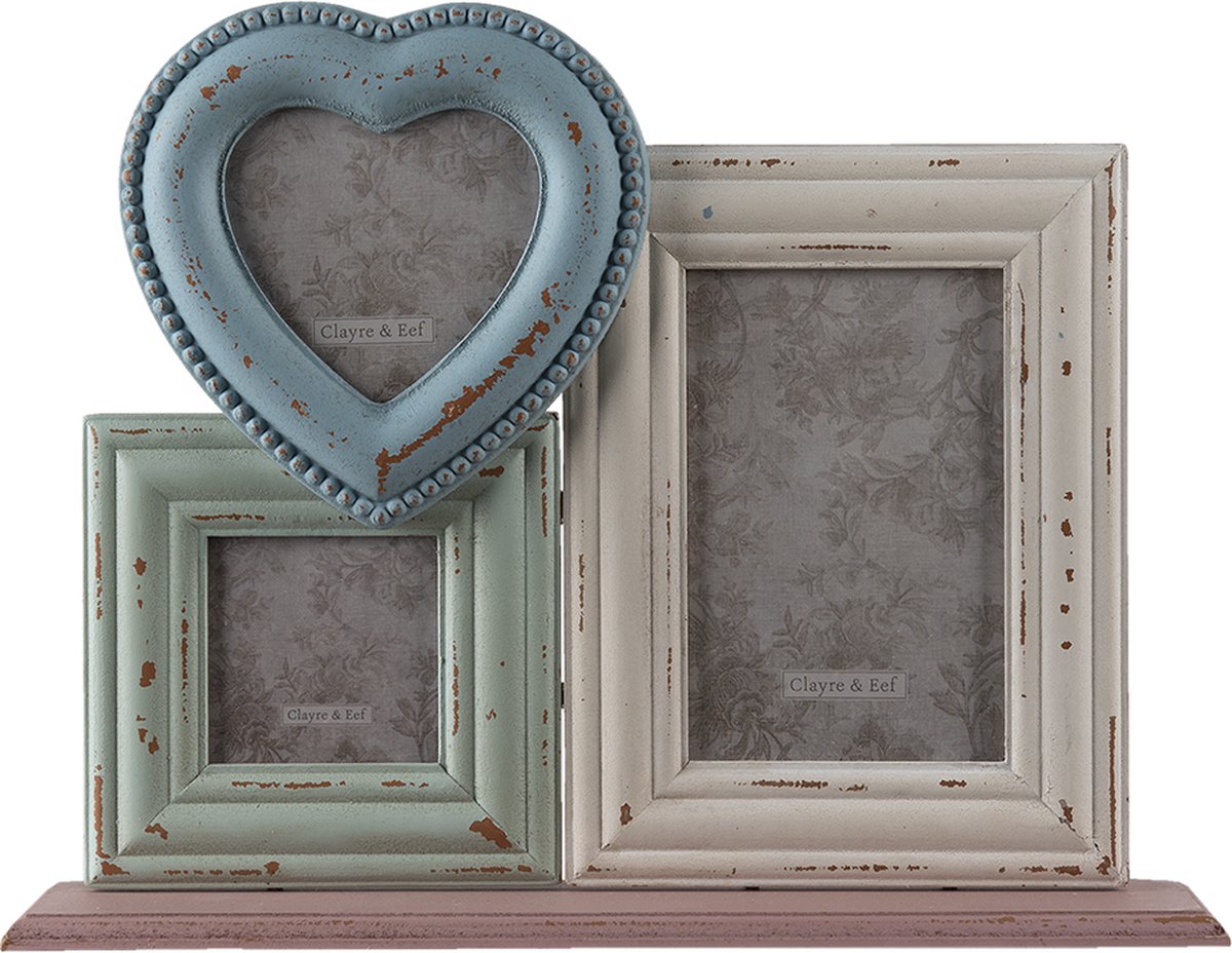 Clayre & Eef Fotolijst 34*7*25 Cm / 10*10 / 7*7 / 10*15 Cm Groen Creme Mdf Glas Rechthoek Fotokader Wissellijst - Blauw