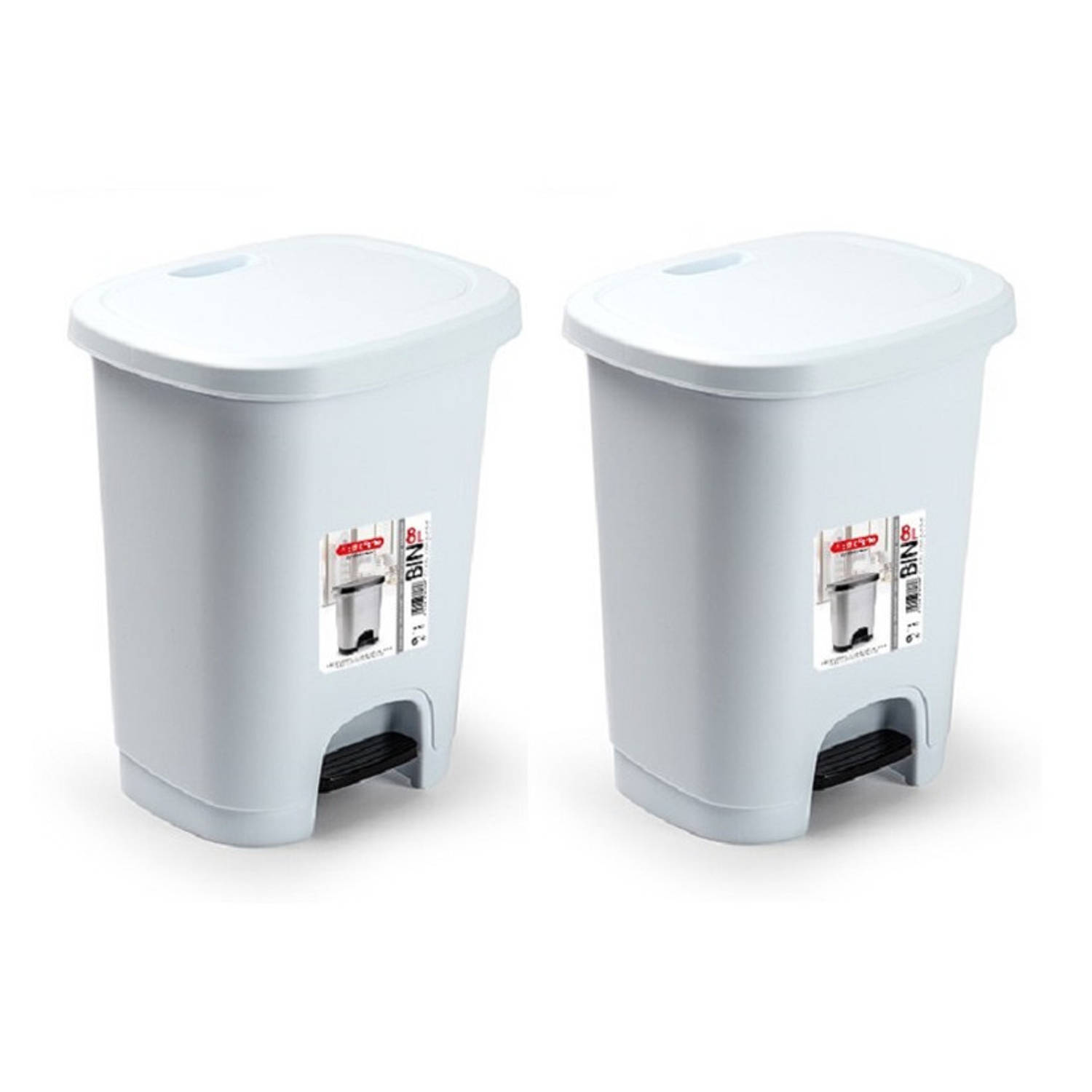 Forte Plastics Set Van 2x Stuks Witte Afvalemmers/vuilnisemmers/pedaalemmers 8 Liter Met Deksel En Pedaal - Prullenbakken