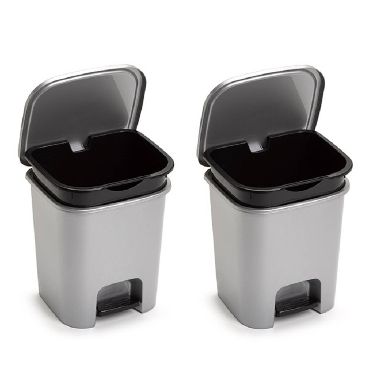 Forte Plastics Set Van 2x Stuks Zilveren Afvalemmers/vuilnisemmers/pedaalemmers 7.5 Liter Met Deksel En Pedaal - Prullenbakken - Silver