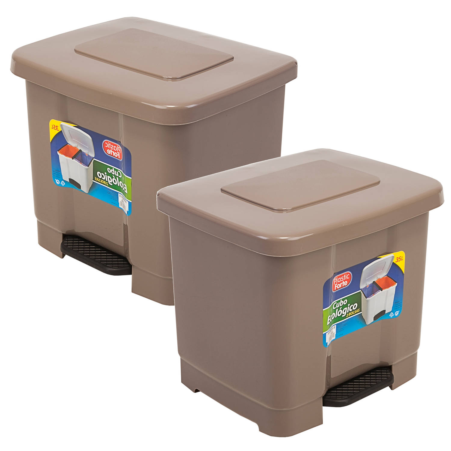 Forte Plastics 2x Stuks Dubbele Afvalemmer/vuilnisemmer Taupe 35 Liter Met Deksel En Pedaal - Prullenbakken