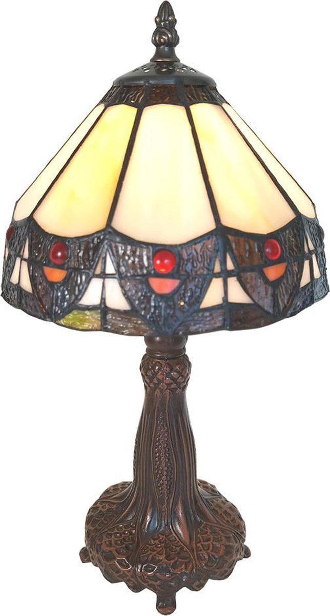 Clayre & Eef Lumilamp Tiffany Tafellamp Ø 20*34 Cm Kunststof Glas Tiffany Bureaulamp Tiffany Lampen Glas In Lood - Beige