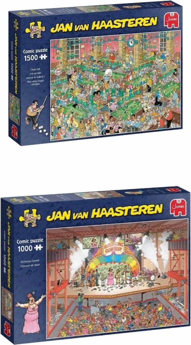 Jumbo Jan Van Haasteren Puzzelbundel - 2 Stuks - Krijt Op Tijd! 1500 Stukjes & Eurovisie Songfestival 1000 Stukjes