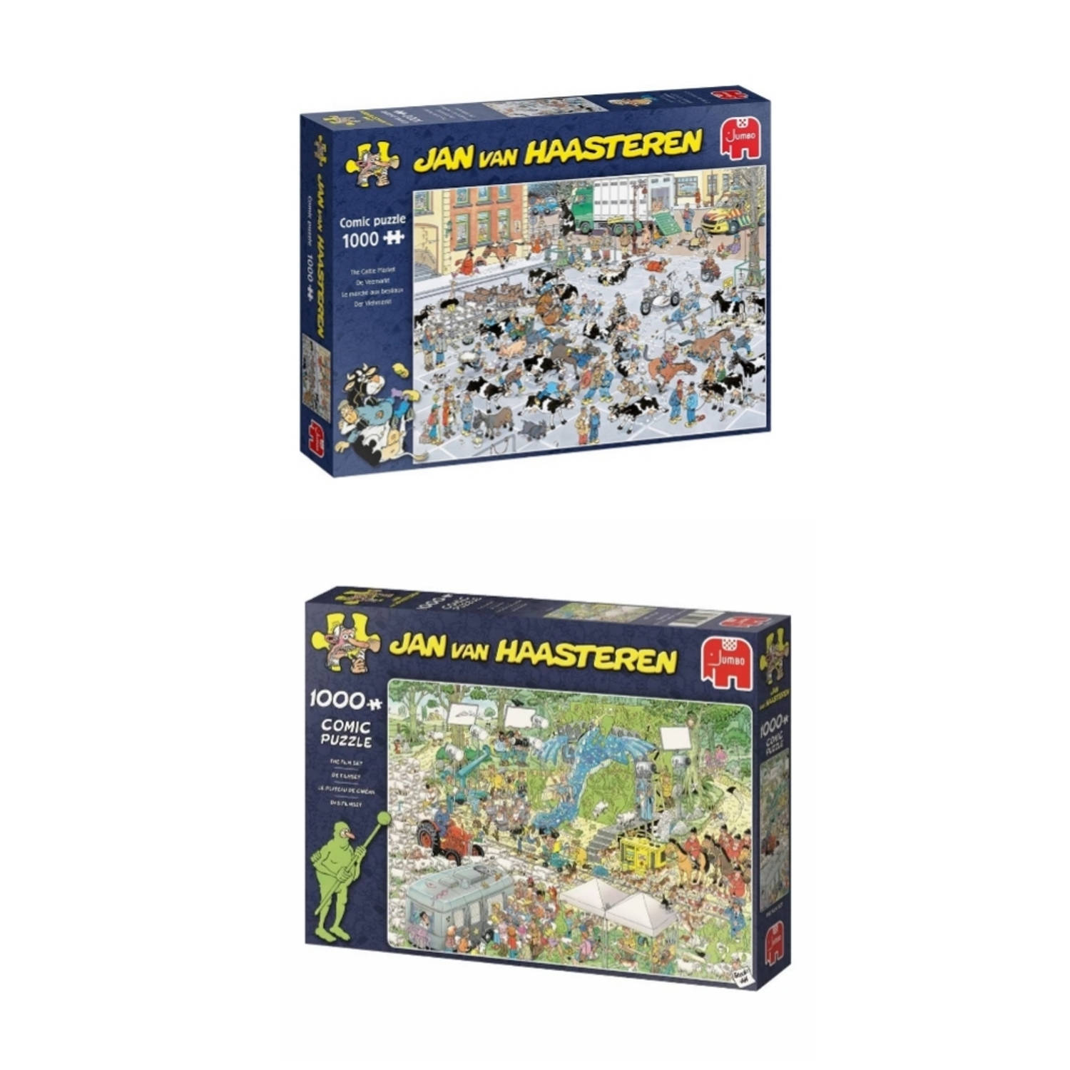 Jumbo Jan Van Haasteren Puzzelbundel - 2 Stuks - De Veemarkt 1000 Stukjes & De Filmset 1000 Stukjes