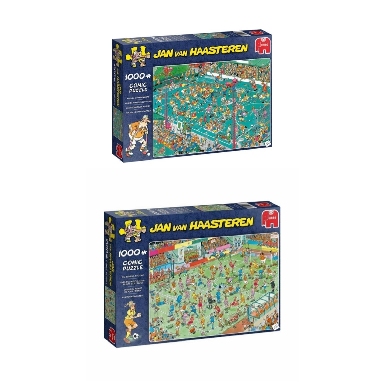 Jumbo Jan Van Haasteren Sportpuzzelbundel - 2 Stuks - Hockey Kampioenschappen 1000 Stukjes & Wk Vrouwenvoetbal 1000 Stukjes