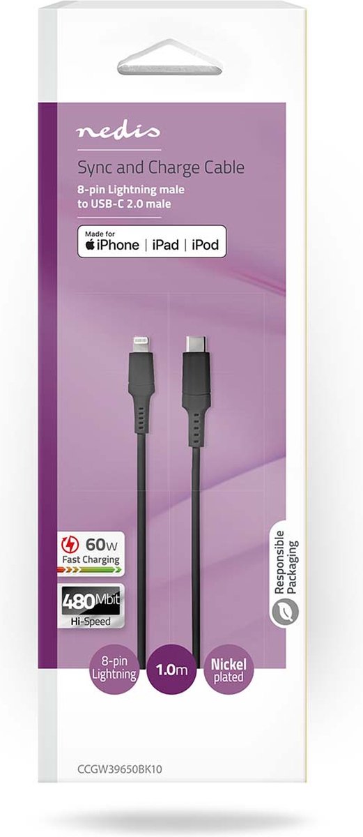 Nedis Lightning Kabel - Ccgw39650bk10 - Zwart