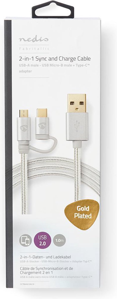 Nedis 2-in-1-kabel - Aluminium - 2.00 M