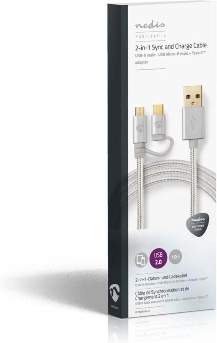 Nedis 2-in-1-kabel - Aluminium - 2.00 M