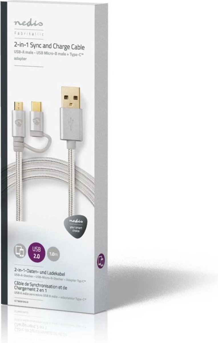 Nedis 2-in-1-kabel - Aluminium - 2.00 M