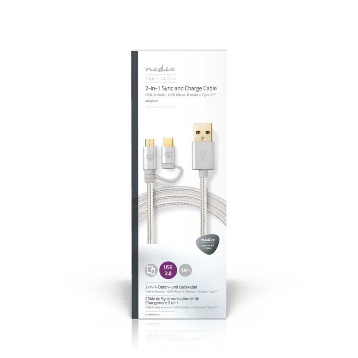 Nedis 2-in-1-kabel - Aluminium - 2.00 M
