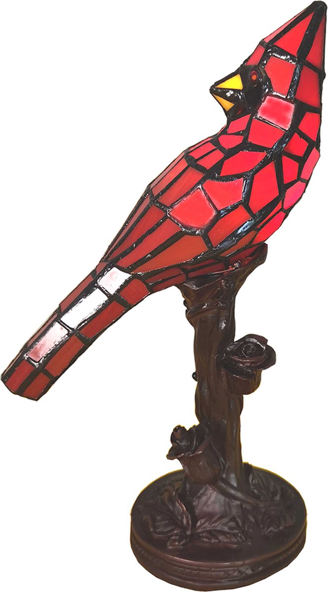 Clayre & Eef Lumilamp Tiffany Tafellamp Vogel 15*12*33 Cm Kunststof Glas Tiffany Bureaulamp Tiffany Lampen Glas In Lood - Rood