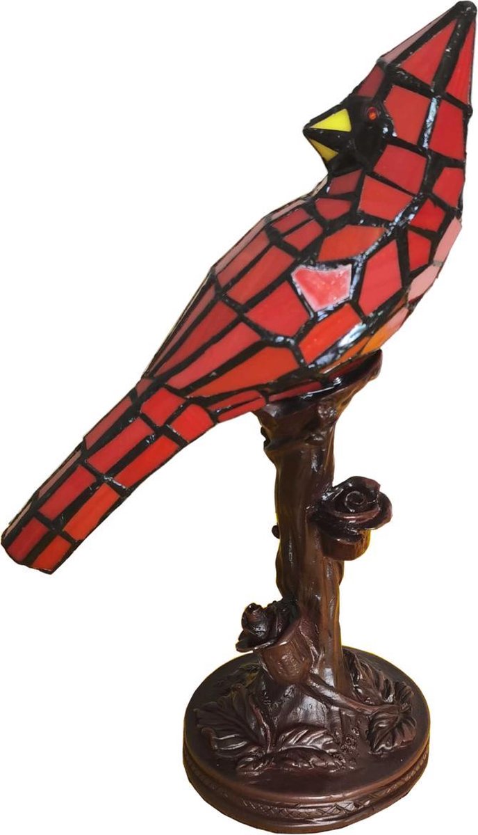 Clayre & Eef Lumilamp Tiffany Tafellamp Vogel 15*12*33 Cm Kunststof Glas Tiffany Bureaulamp Tiffany Lampen Glas In Lood - Rood
