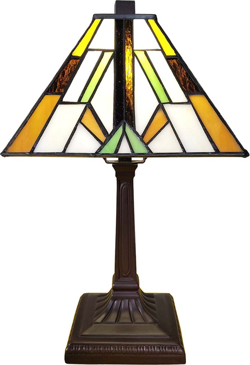 Clayre & Eef Lumilamp Tiffany Tafellamp 20*20*34 Cm Kunststof Glas Tiffany Bureaulamp Tiffany Lampen Glas In Lood - Bruin