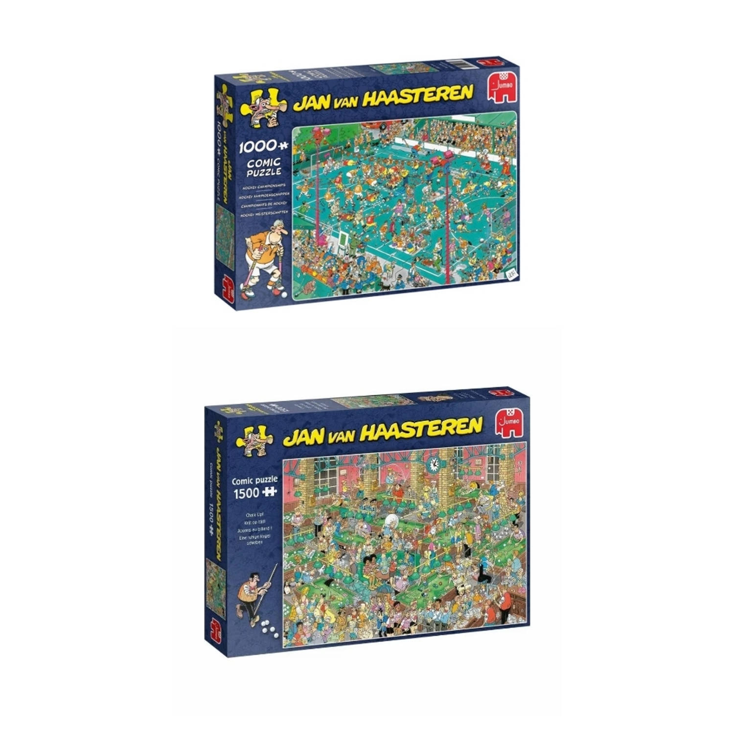 Jumbo Jan Van Haasteren Puzzelbundel - 2 Stuks - Hockey Kampioenschappen 1000 Stukjes & Krijt Op Tijd! 1500 Stukjes