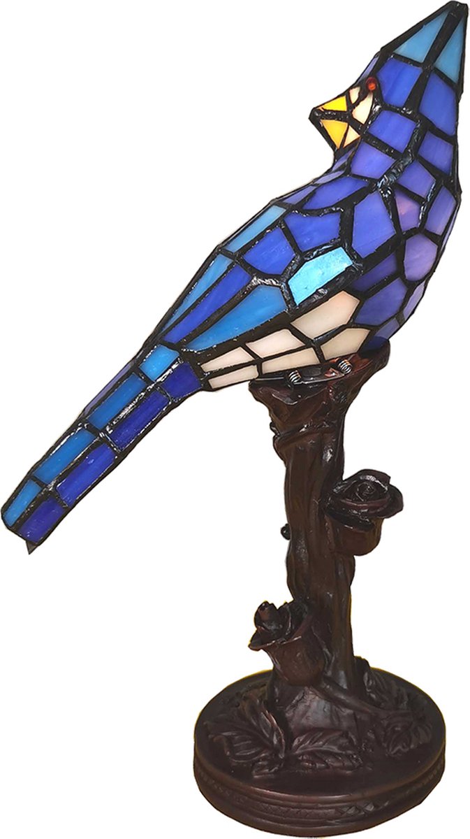 Clayre & Eef Lumilamp Tiffany Tafellamp Vogel 15*12*33 Cm Glas Kunststof Tiffany Bureaulamp Tiffany Lampen Glas In Lood - Blauw