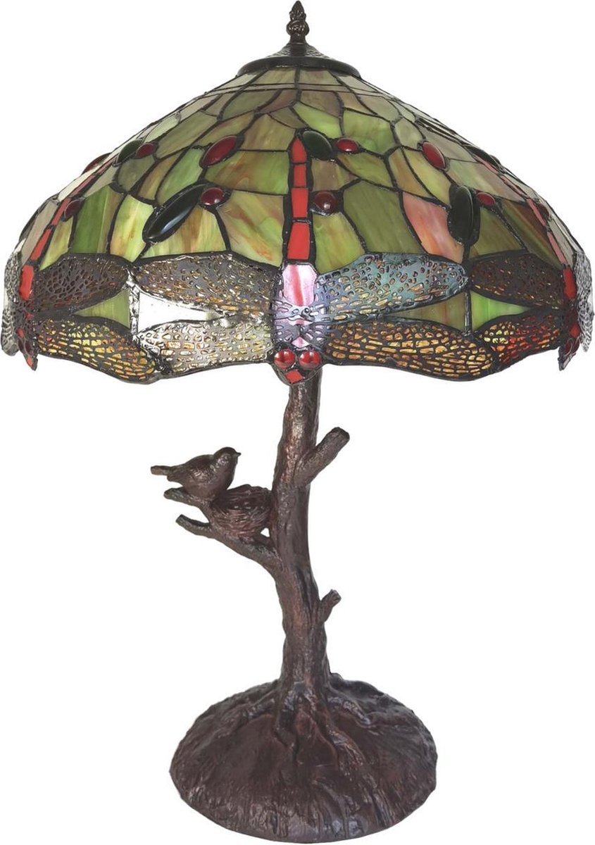 Clayre & Eef Lumilamp Tiffany Tafellamp Ø 41*57 Cm Kunststof Glas Tiffany Bureaulamp Tiffany Lampen Glas In Lood Tiffany - Geel