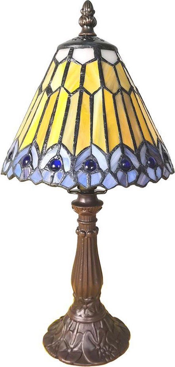 Clayre & Eef Lumilamp Tiffany Tafellamp Ø 20*34 Cm Kunststof Glas Tiffany Bureaulamp Tiffany Lampen Glas In Lood - Bruin