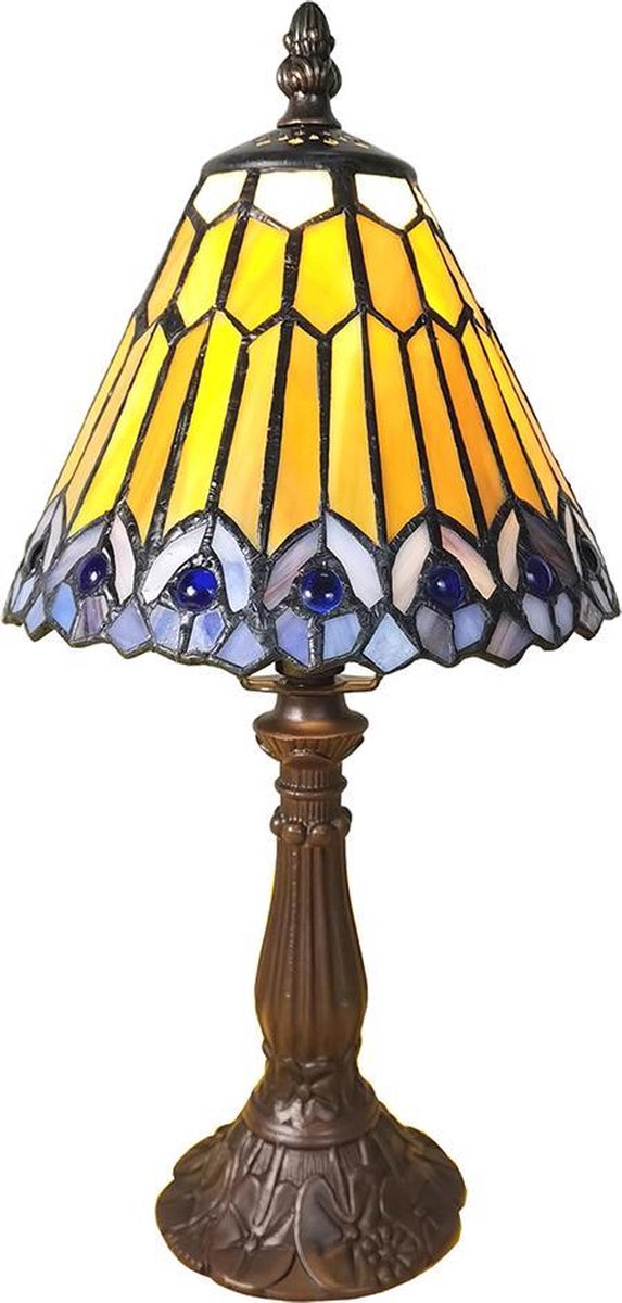 Clayre & Eef Lumilamp Tiffany Tafellamp Ø 20*34 Cm Kunststof Glas Tiffany Bureaulamp Tiffany Lampen Glas In Lood - Bruin