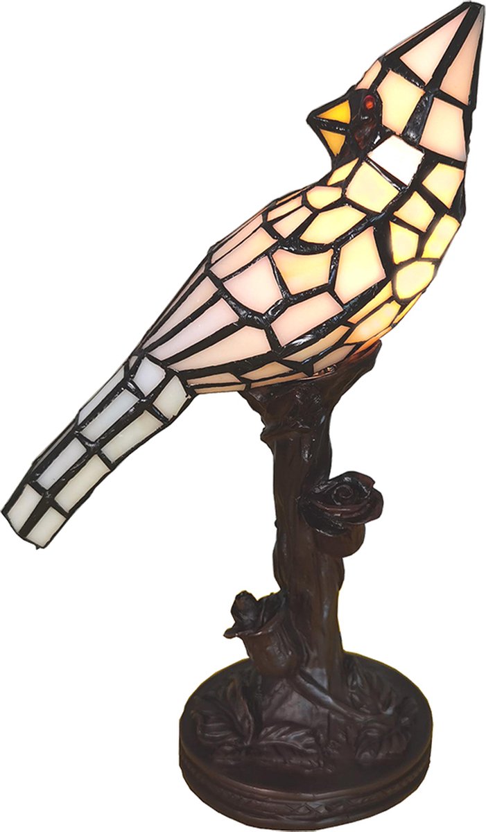 Clayre & Eef Lumilamp Tiffany Tafellamp Vogel 15*12*33 Cm Kunststof Glas Tiffany Bureaulamp Tiffany Lampen Glas In Lood - Beige