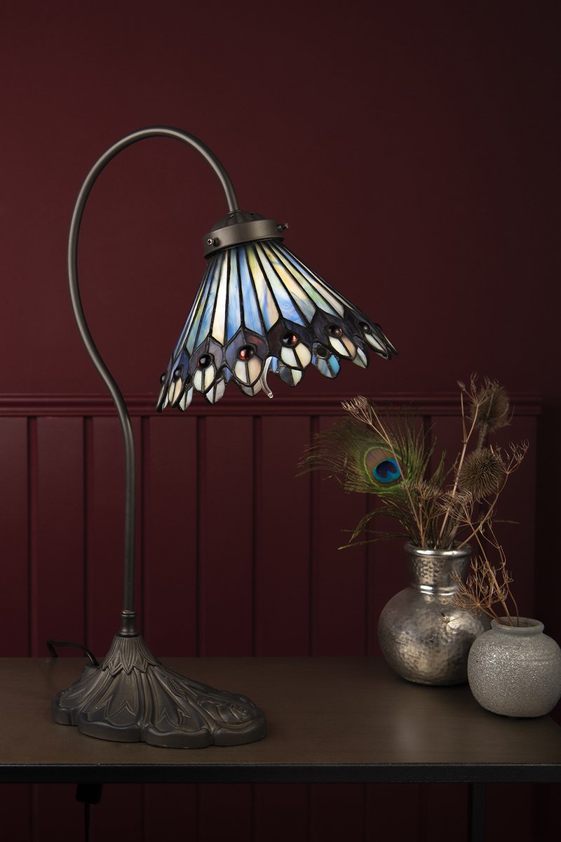 Clayre & Eef Lumilamp Tiffany Tafellamp Ø 20*51 Cm Beige Metaal Glas Tiffany Bureaulamp Tiffany Lampen Tiffany - Bruin