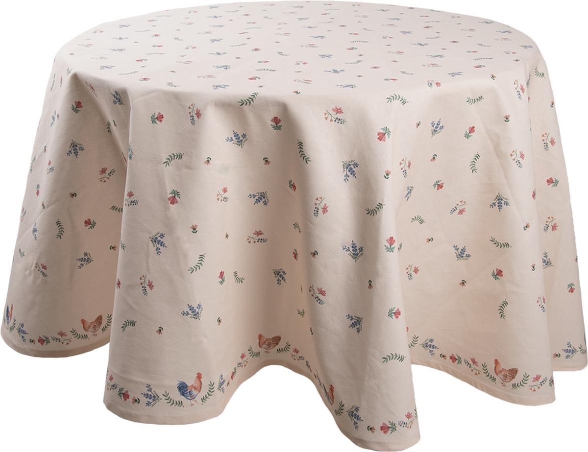 Clayre & Eef Rond Tafelkleed Ø 170 Cm Blauw Katoen Rond Kip En Haan Tafellaken Tafellinnen Tafeltextiel - Beige