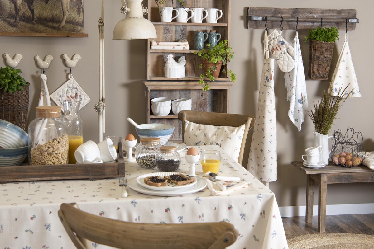 Clayre & Eef Rond Tafelkleed Ø 170 Cm Blauw Katoen Rond Kip En Haan Tafellaken Tafellinnen Tafeltextiel - Beige