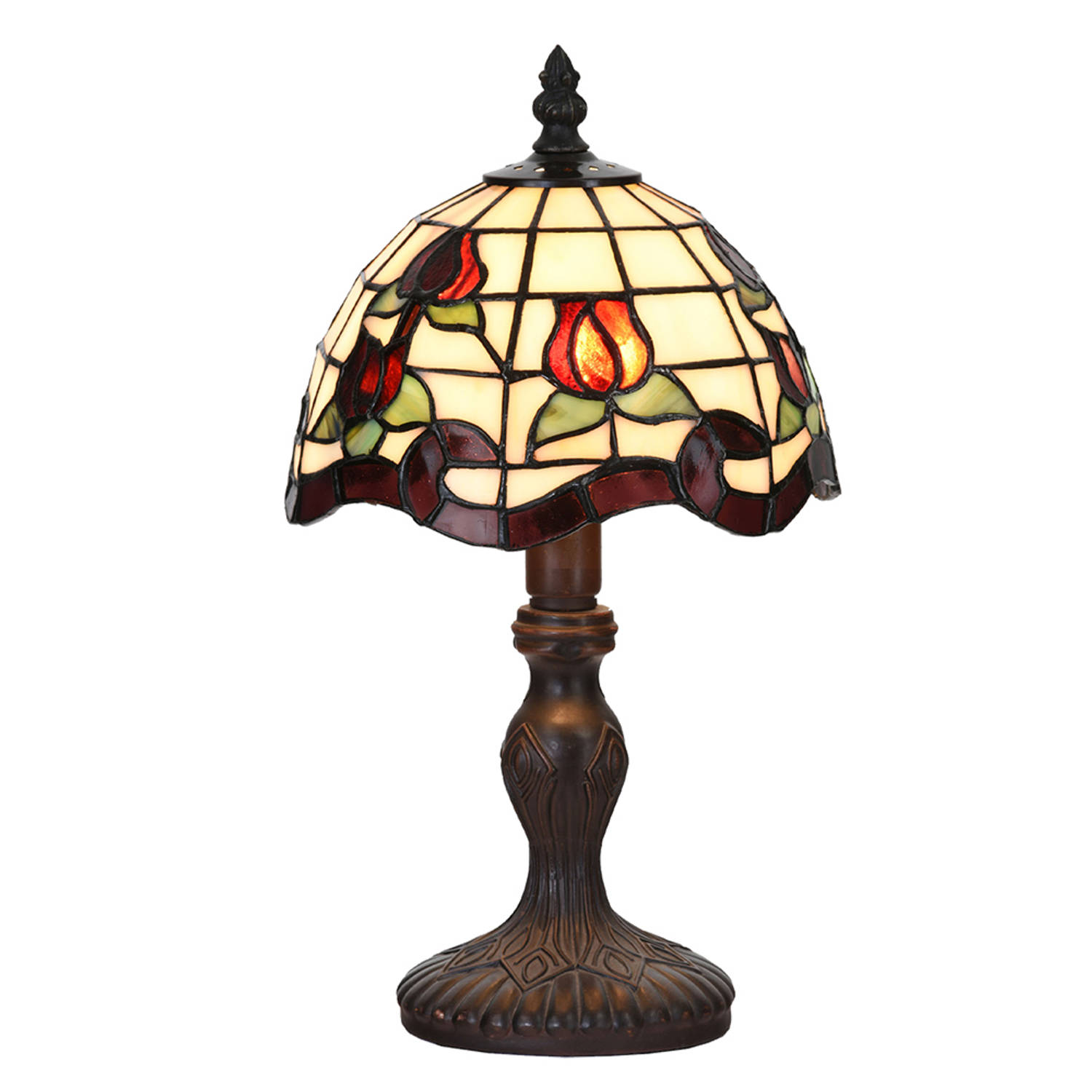 Clayre & Eef Lumilamp Tiffany Tafellamp Ø 18*32 Cm E14/max 1*25w, Beige Glas In Lood Bloemen Tiffany Bureaulamp Tiffany Lampen - Rood