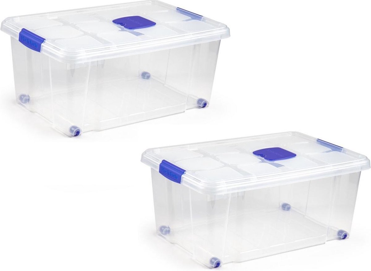 Forte Plastics 2x Opbergbakken/organizers Met Deksel 36 Liter 59 Cm Transparant - Opbergbox - Blauw