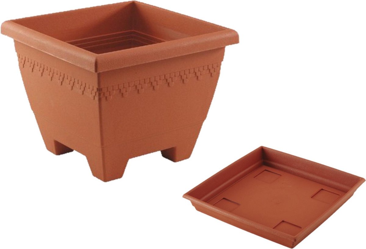 Hega Hogar 1x Stuks Vierkante Plantenbakken Terra Cotta Met Opvangschaal 40 X 40 X 31 Cm - Plantenbakken - Bruin