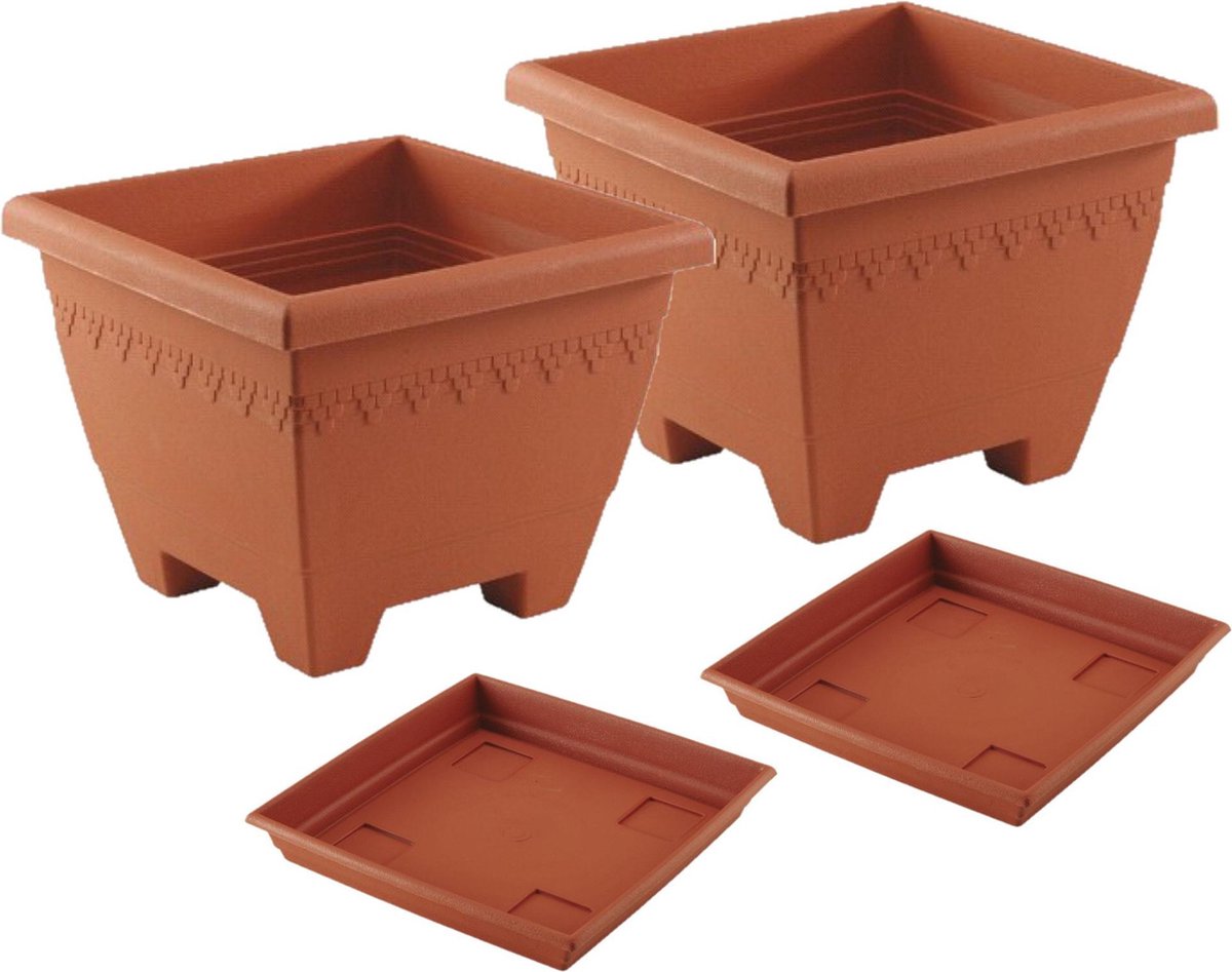 Hega Hogar 2x Stuks Vierkante Plantenbakken Terra Cotta Met Opvangschaal 30 X 30 X 23 Cm - Plantenbakken - Bruin