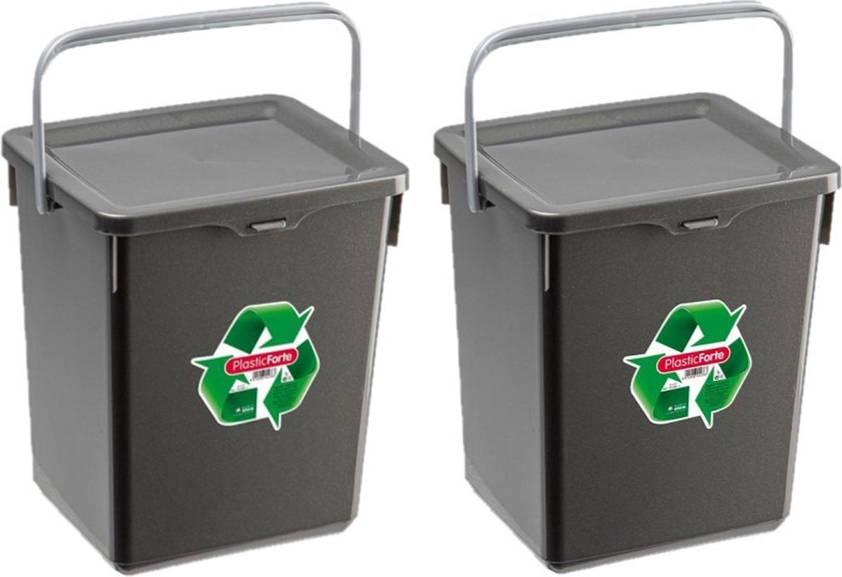 Forte Plastics 2x Stuks Opslagboxen/emmers Kunststof Met Deksel Antraciet 5 Liter 20 X 17 X 23 Cm - Opbergbox - Grijs