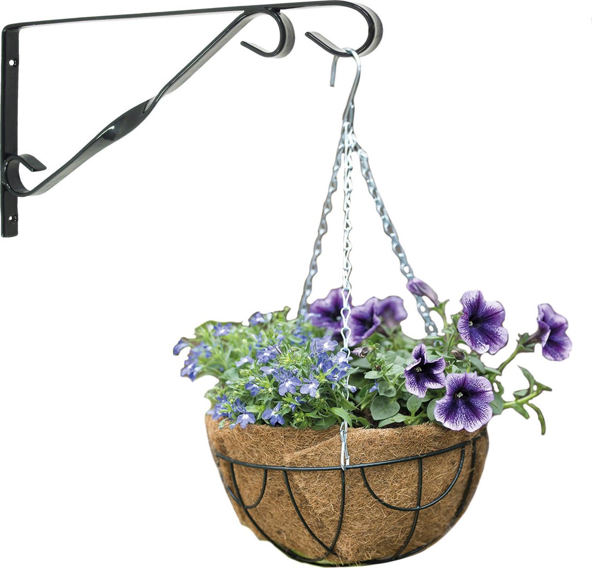 Nature Hanging Basket 30 Cm Met Klassieke Muurhaak Donker En Kokos Inlegvel - Metaal - Hangmand Set - Plantenbakken - Groen