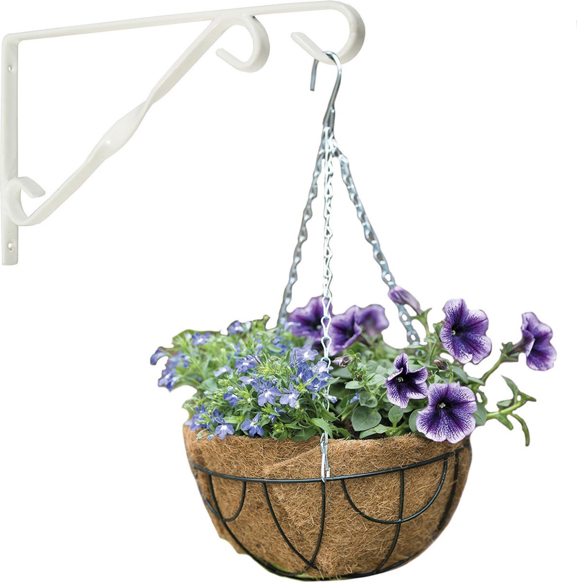 Nature Hanging Basket 30 Cm Met Klassieke Muurhaak Wit En Kokos Inlegvel - Metaal - Hangmand Set - Plantenbakken - Groen