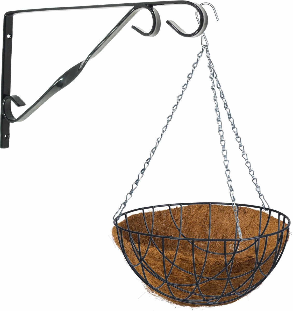 Hanging Basket 30 Cm Met Klassieke Muurhaak Groen En Kokos Inlegvel - Metaal - Complete Hangmand Set - Plantenbakken