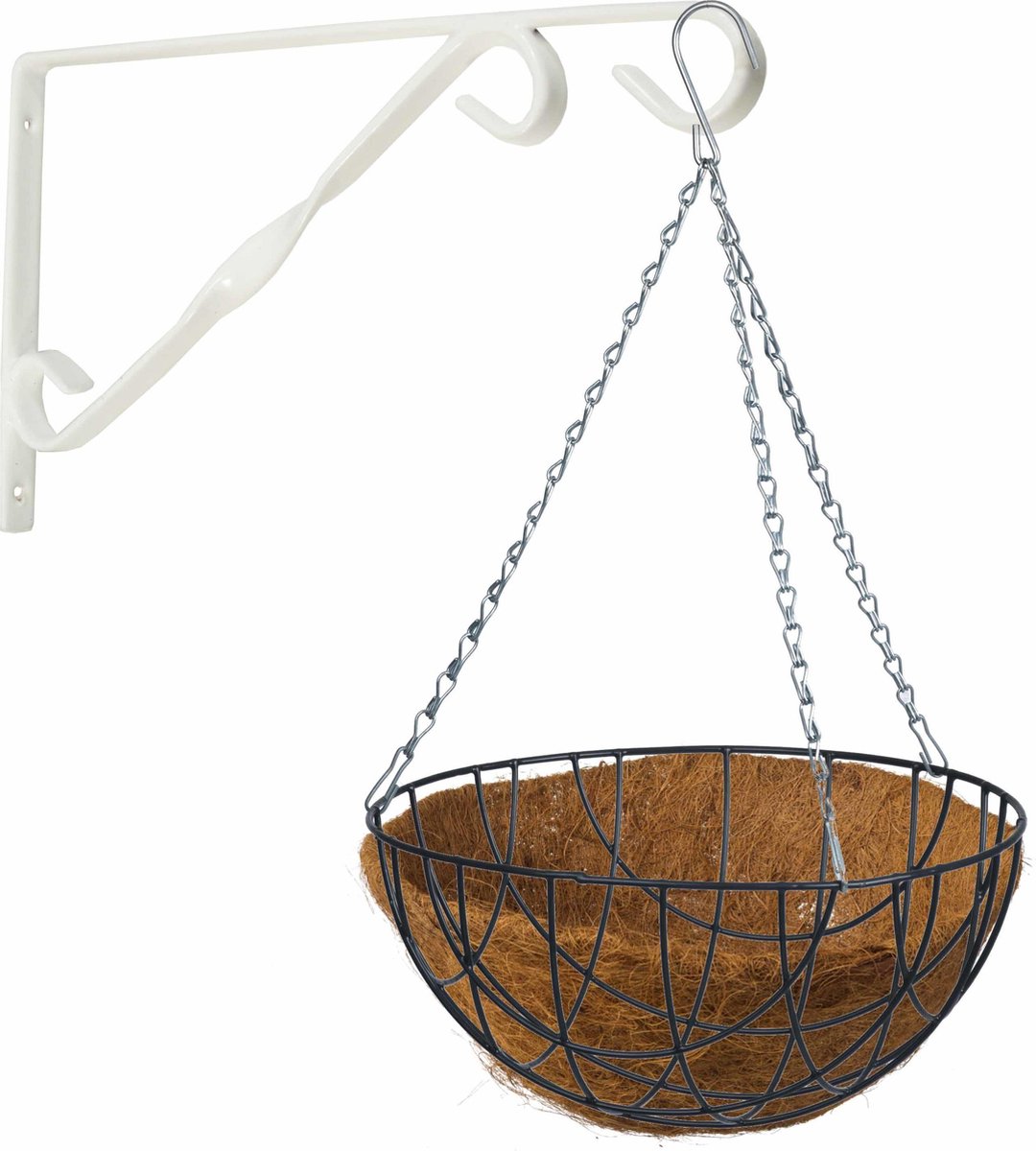 Hanging Basket Met Klassieke Muurhaak Wit En Kokos Inlegvel - Metaal - Complete Hanging Basket Set - Plantenbakken