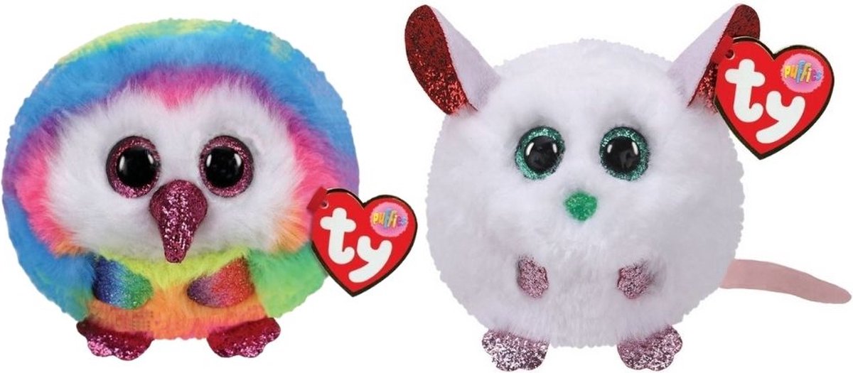 ty - Knuffel - Teeny Puffies - Owel Owl & Christmas Mouse