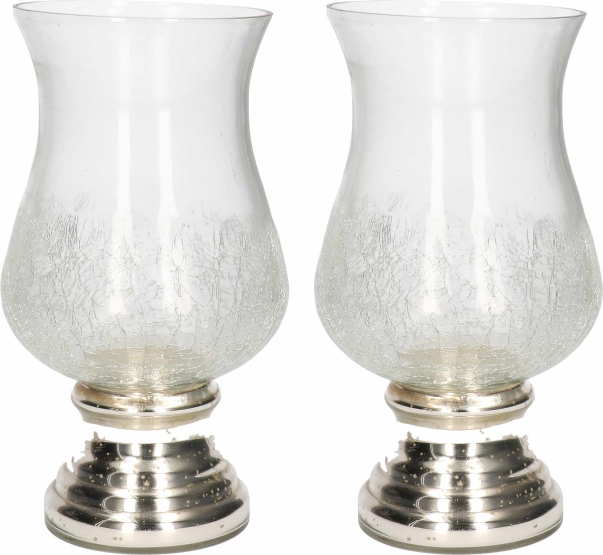 2x Craquele Glazen Kaarsenhouders Voor Theelichtjes/waxinelichtjes Met Zilveren Voet 24 Cm - Waxinelichtjeshouders