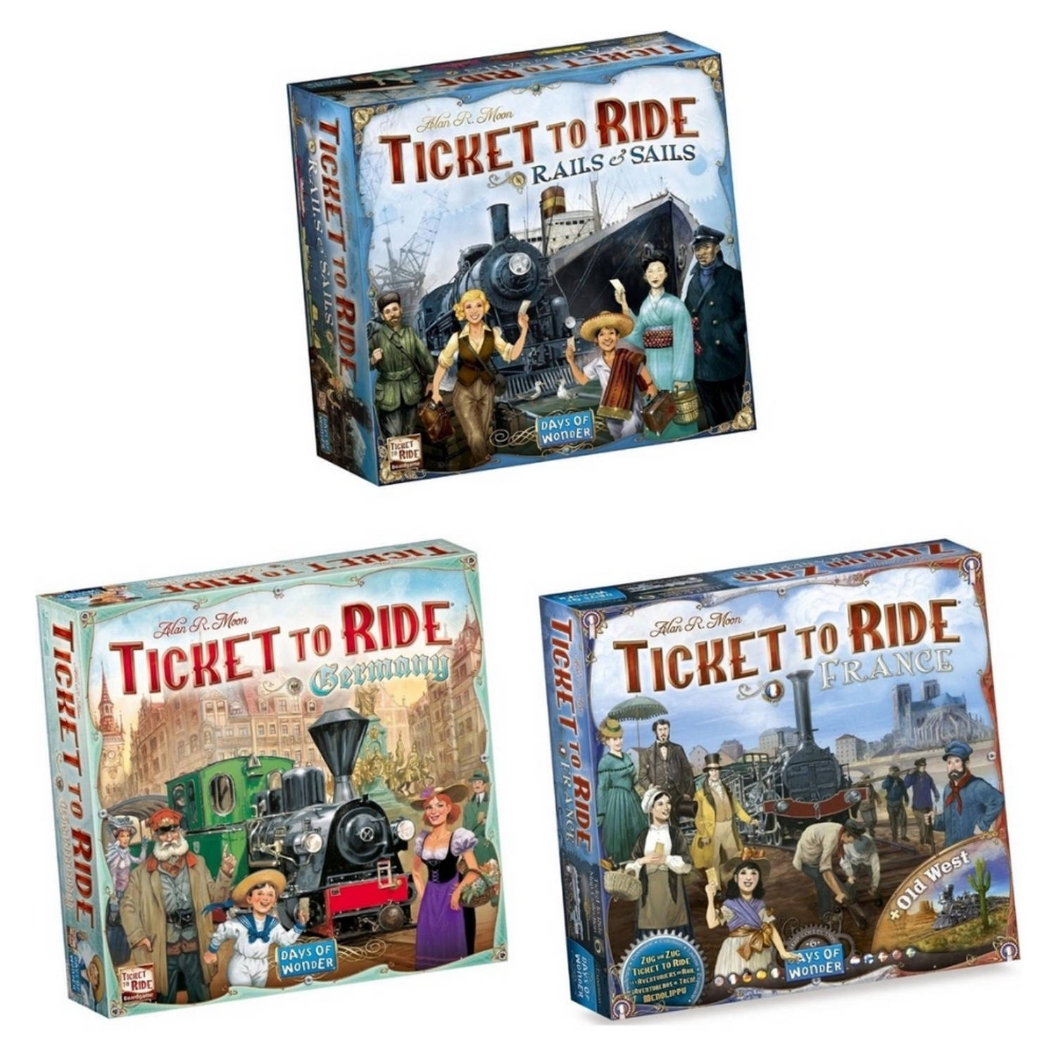 Days of Wonder Spellenbundel - Ticket To Ride - 3 Stuks - Rails And Sails & Uitbreidingen Duitsland & Frankrijk + Old West