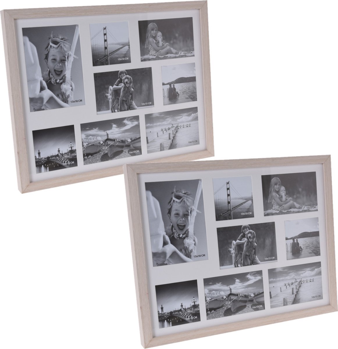 2x Stuks Multi Fotolijst Hout White Wash Met 8 Vakken Geschikt Voor Diverse Foto Maten - Fotolijsten