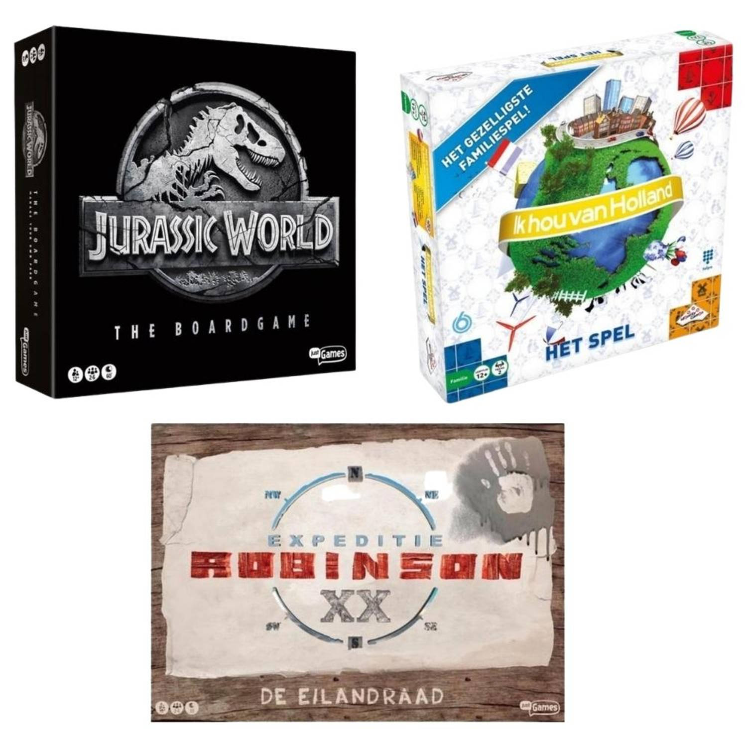 Spellenbundel - 3 Stuks - Jurassic World The Boardgame & Ik Hou Van Holland Bordspel & Expeditie Robinson De Eilandraad